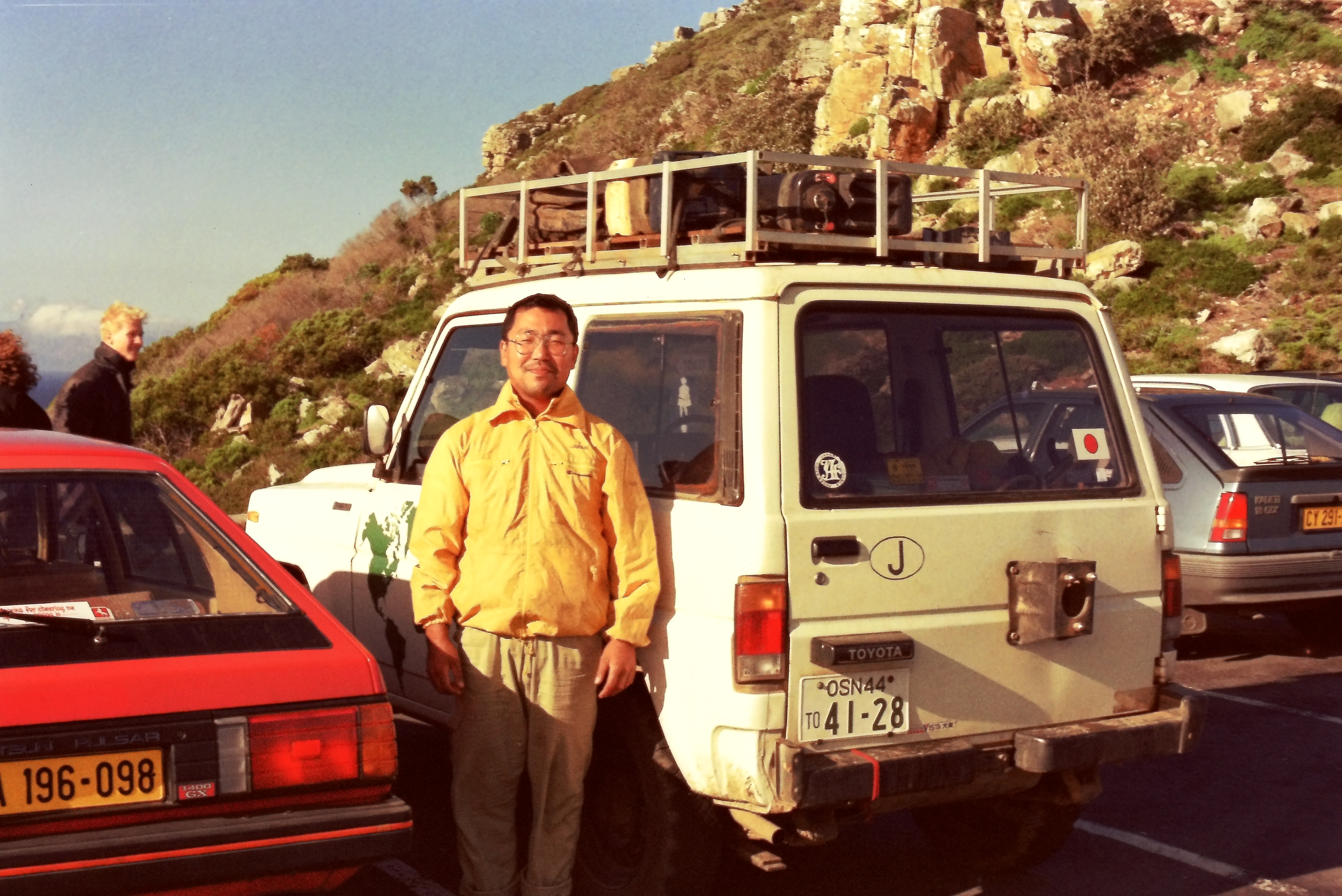 Japanese driver who drove through Africa at Cape Point